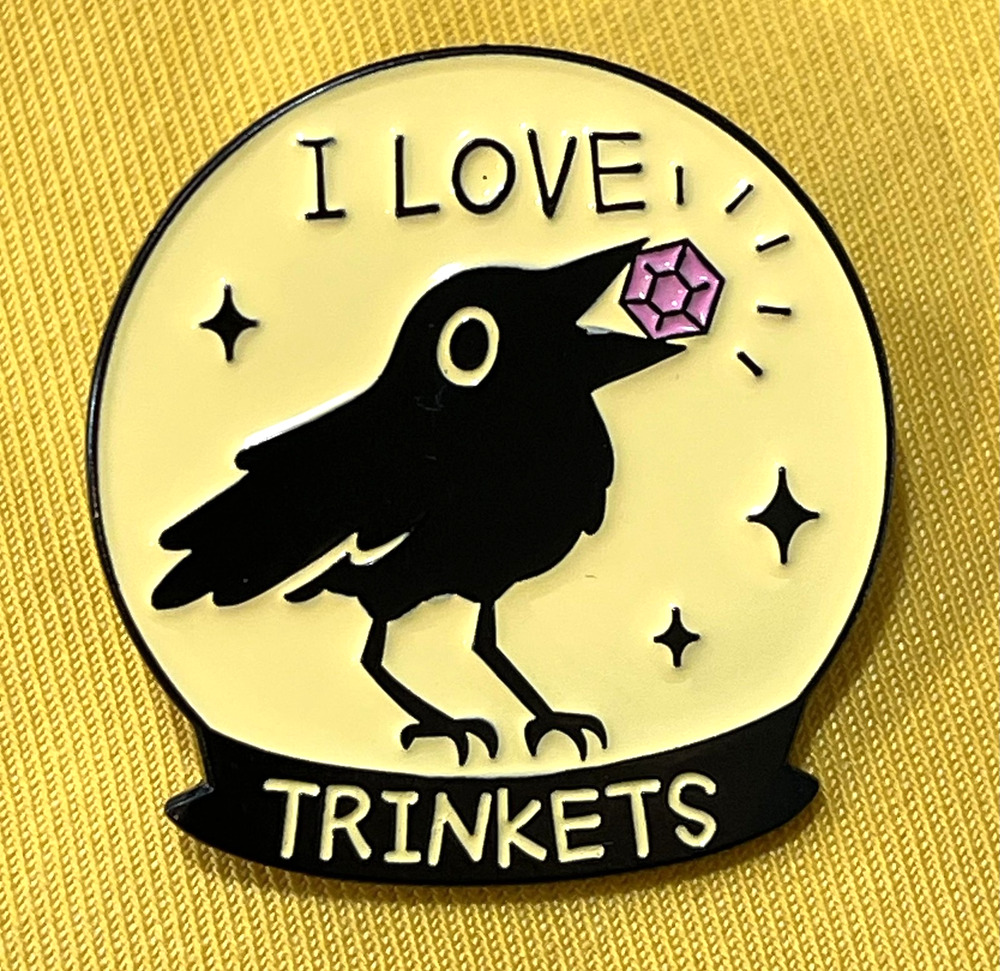 NWOT Raven I Love Trinkets Lapel Pin Brooch Enamel Bird Crow Gem Trinket Cute